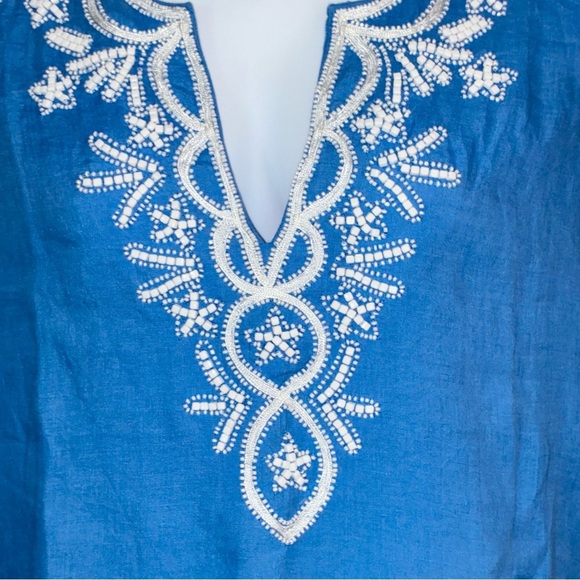 Lilly Pulitzer Amelia Island Blue Linen Tunic Medium Top Beaded Resort - Picture 2 of 11